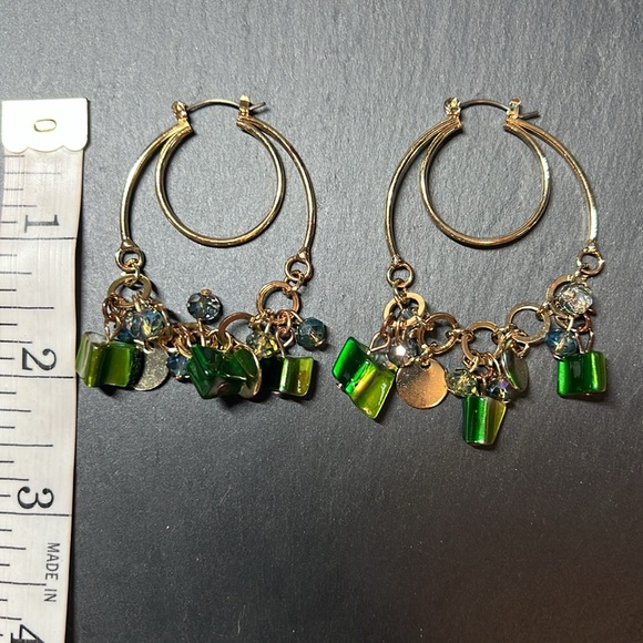 Gold Hoop Earrings with Green and Gold Accents - Picture 3 of 3